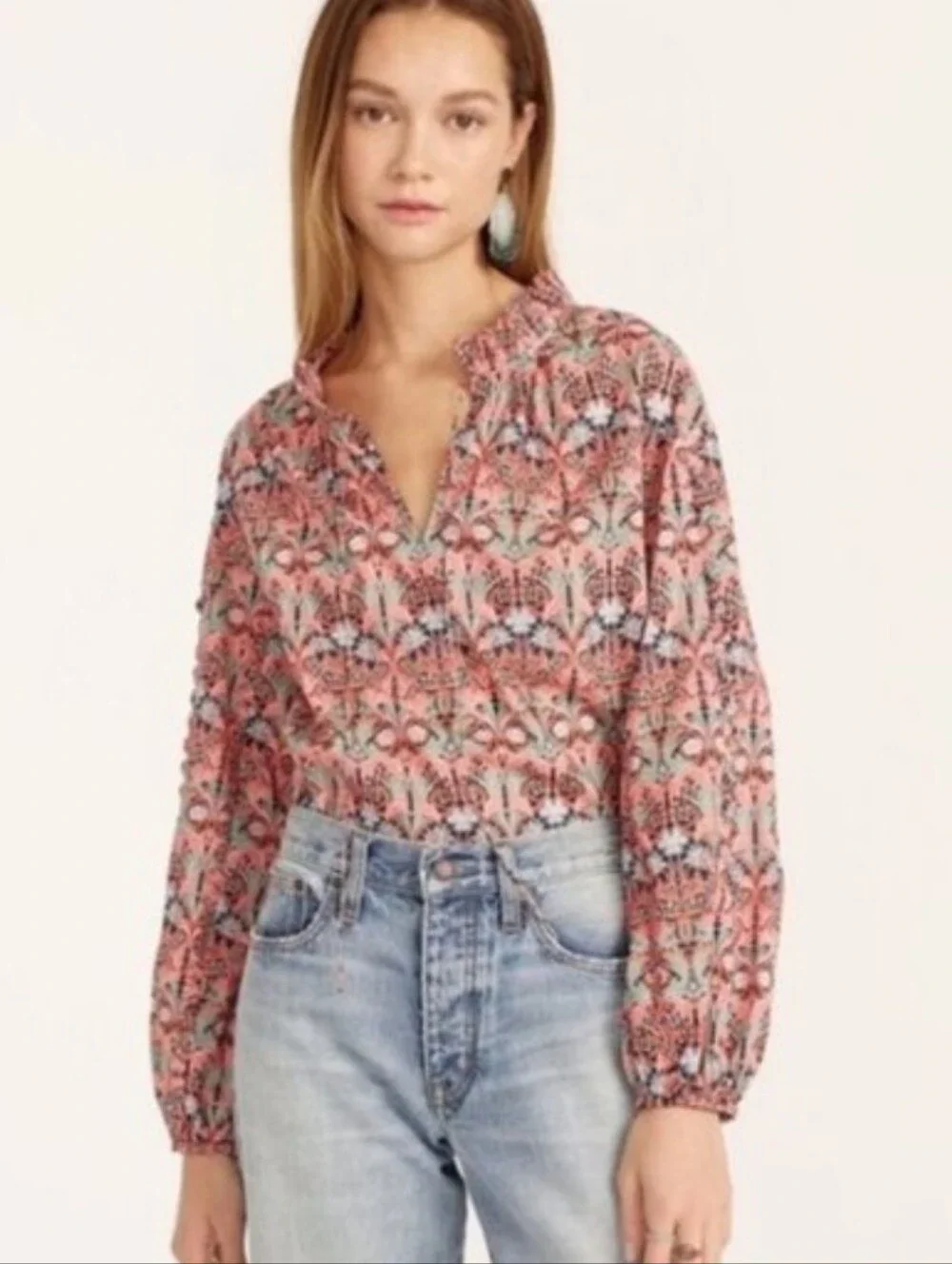 J. Crew × Liberty London Fabric Scalloped Tie Neck Floral Flowy Puff Sleeve Blou
